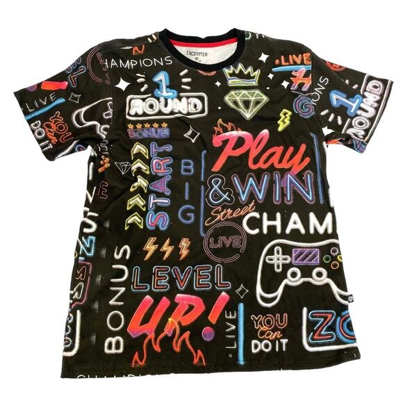 Encrypted Retro Arcade Gaming Graphic Tee Mens Tshirt XXL Black Graffiti Y2K NWT - Picture 1 of 7